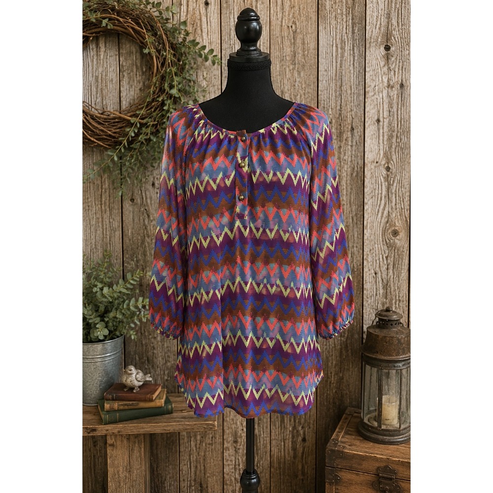 Tyche Chevron Sheer Tunic Blouse Large Multicolor Boho Retro 70s Made in USA